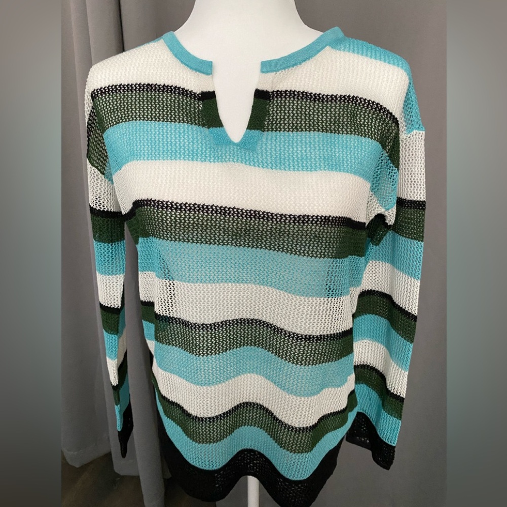 Talbots Green and Blue Blouse with Airy Knit Design